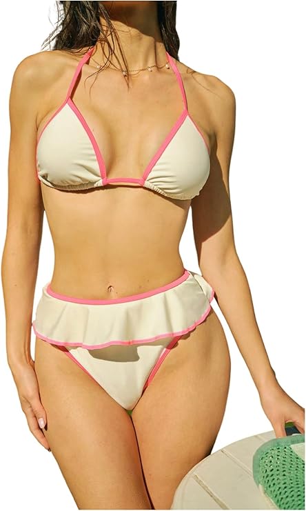 SweatyRocks Women's Swimwear Set Solid Scoop Neck High Waisted Bikini Swimsuits

